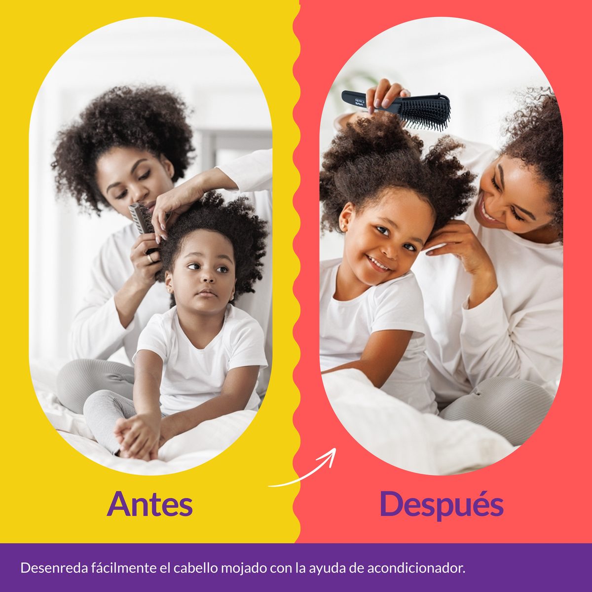 Antes y después: desenredar el cabello rizado de una niña con el cepillo Flex