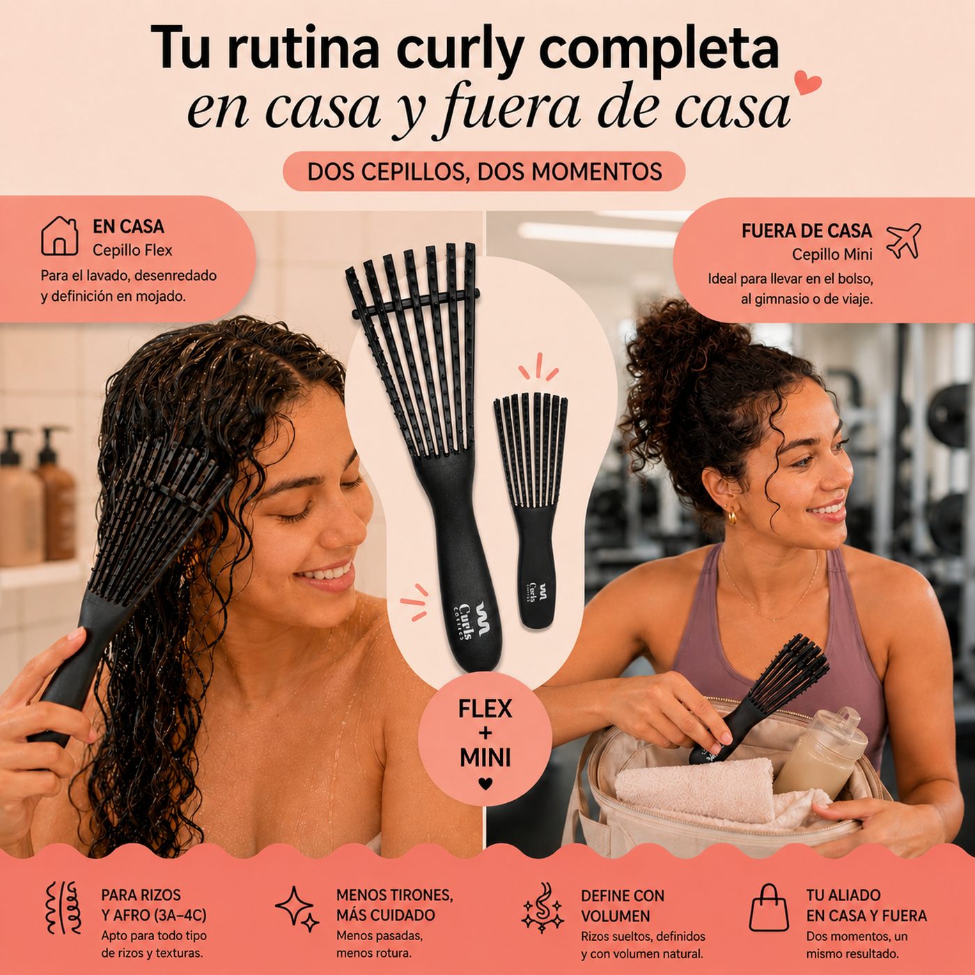 Cepillo Flex y Mini de Curls Confess en uso, en casa y fuera de casa